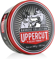 Side image: Uppercut Deluxe Pomade 300g jar strong hold high shine styling product packaging