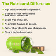 Nutriburst NutriGreens Gummies bottle, apple flavour, 60 count superfood supplement.
