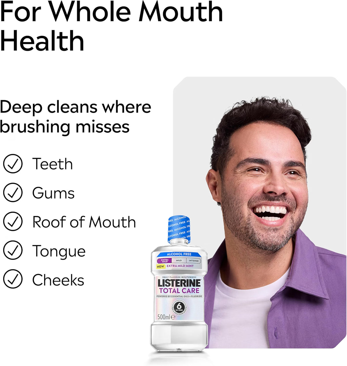 Listerine Total Care Extra Mild Mint Alcohol Free Mouthwash oral rinse bottle 500ml how to use