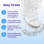 Retainer Brite Cleaning Tablets, cardboard box and tablet packaging, no flavour specified, 96 tablets, soaking instructions