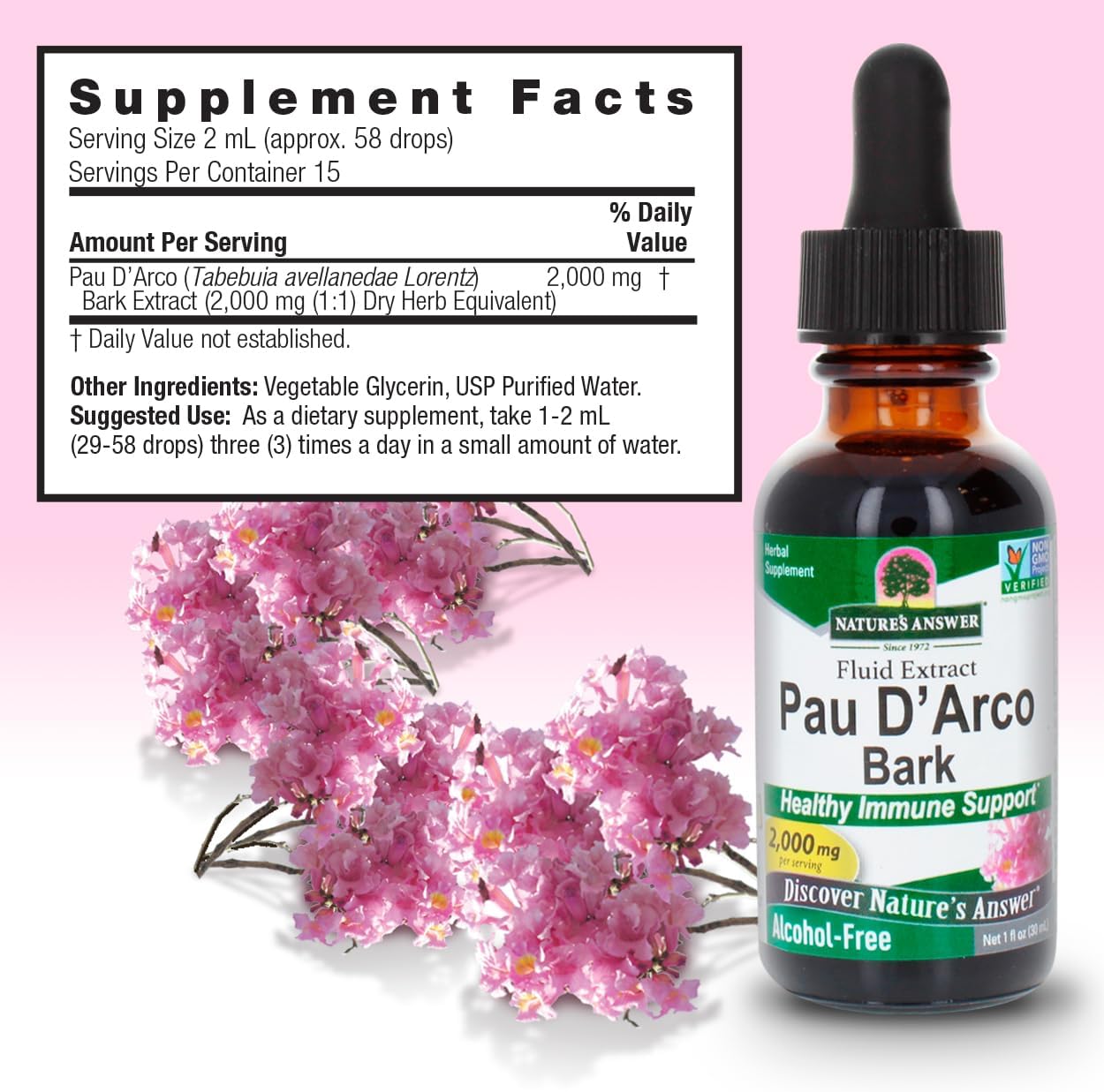 Nature’s Answer Pau D’Arco liquid extract supplement facts 30ml bottle