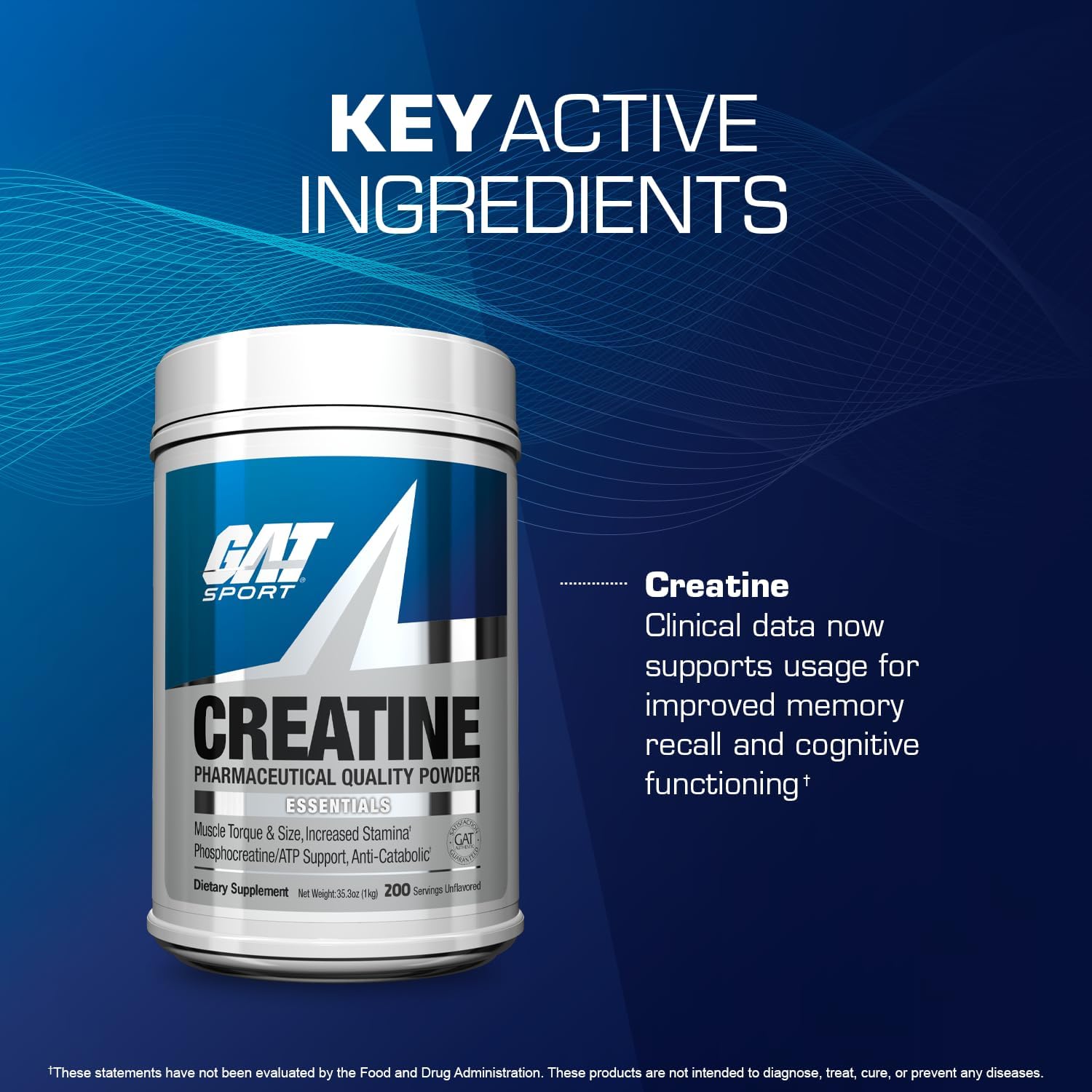 GAT Sport Creatine supplement container with key active ingredients text on a blue background