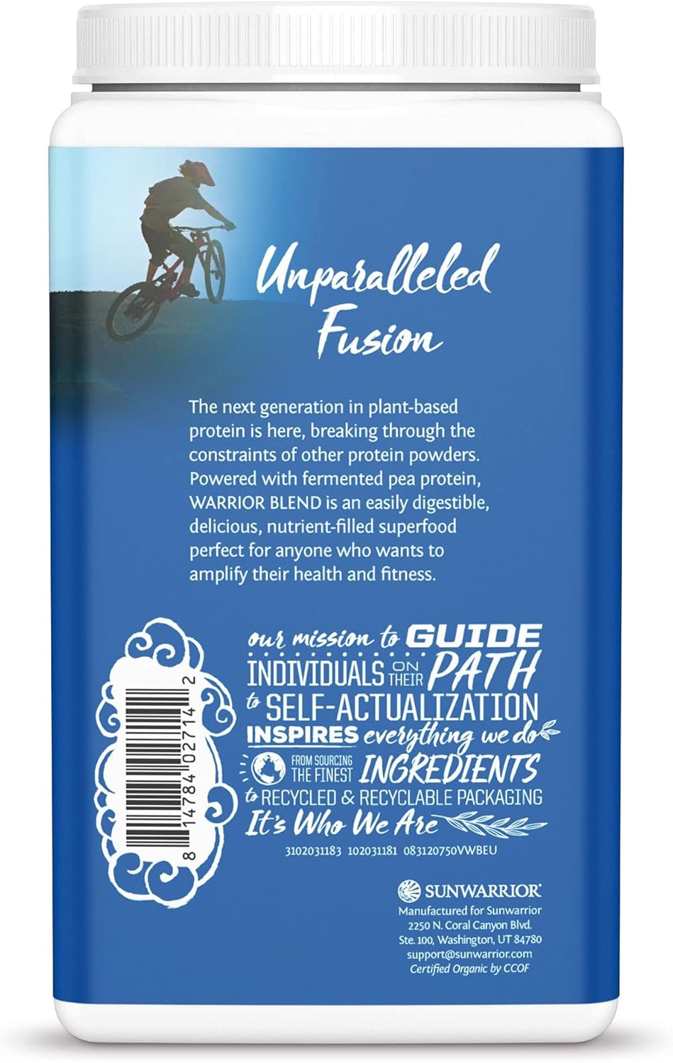 Back of Sunwarrior vanilla protein powder showing barcode 750g.