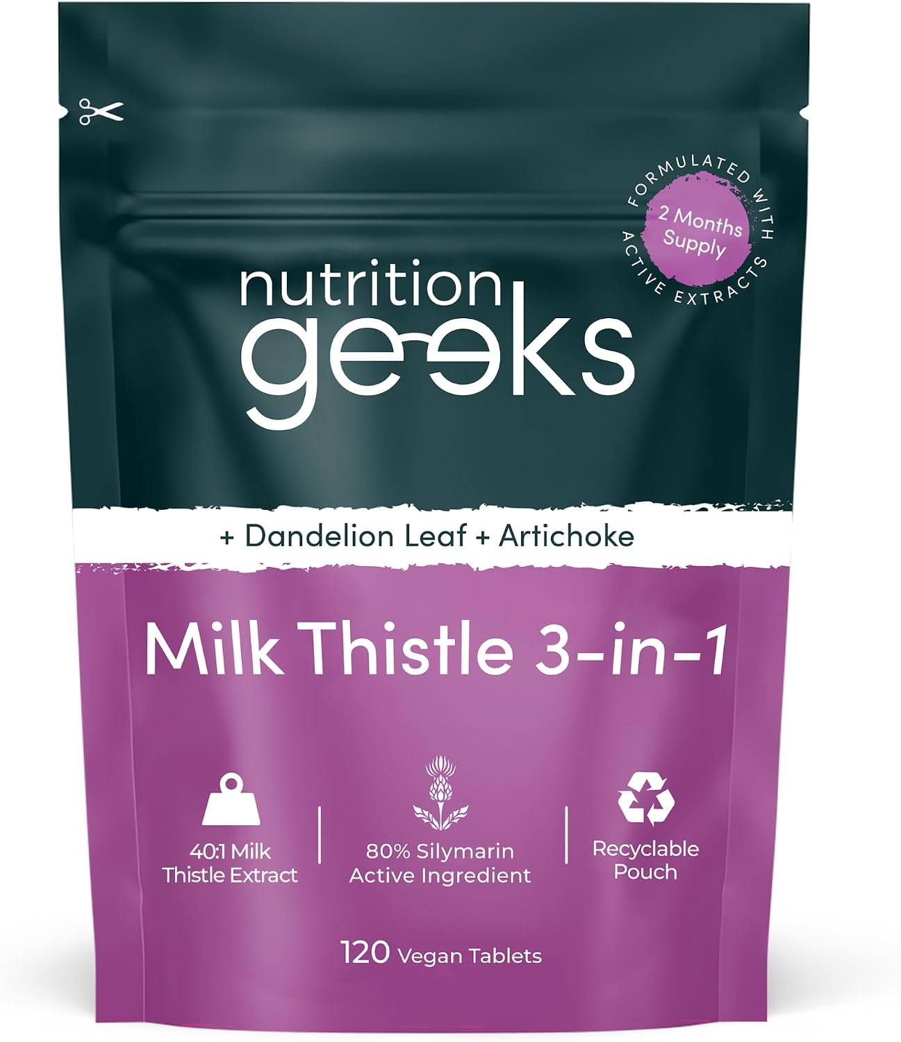 Nutrition Geeks Milk Thistle 3-in-1, vegan food supplement tablet packaging, no flavour, 120 tablets