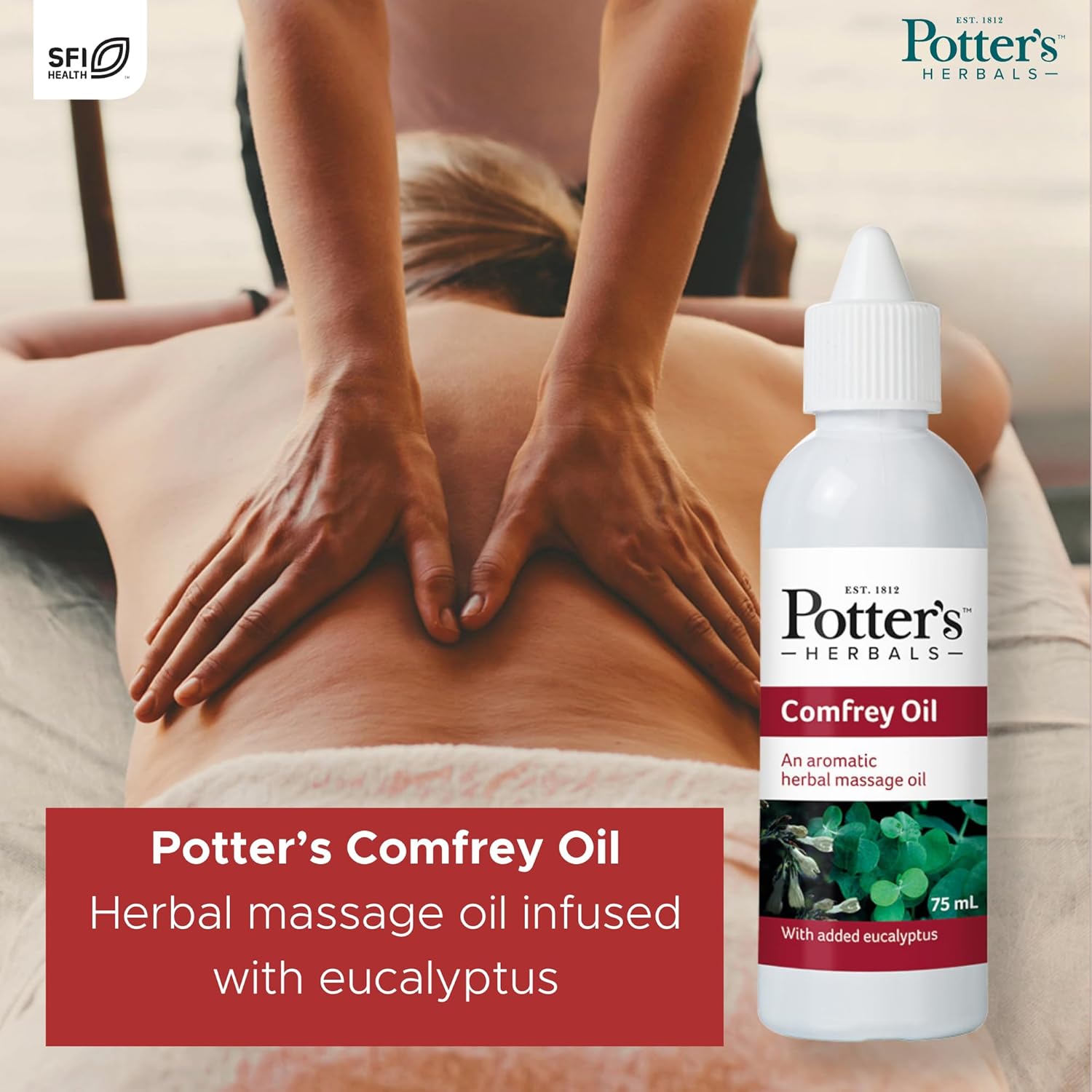 Potter's Herbals Comfrey & Eucalyptus Massage Oil bottle, 75ml.