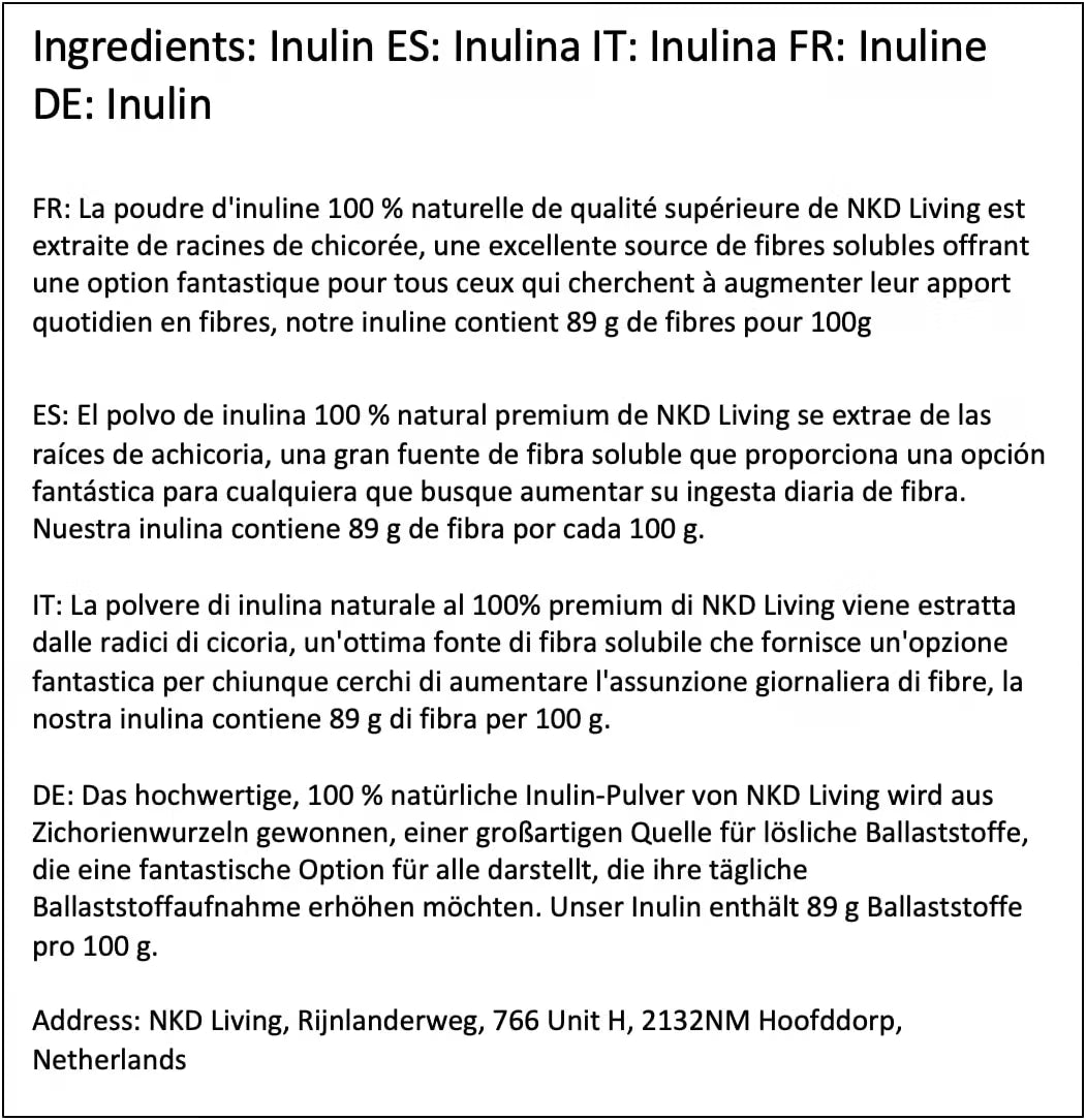 NKD Living Inulin Fibre Powder from Chicory Root pouch 1kg supplement facts and ingredients