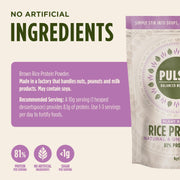 Nutritional information and ingredients for Pulsin Rice Protein.
