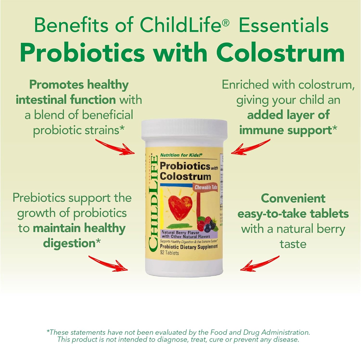 ChildLife Essentials ChildBiotics key benefits probiotics colostrum FOS 92 tablets