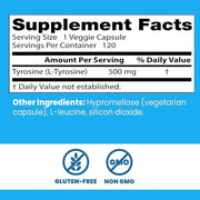 Back: Supplement facts panel for Doctor's Best L-Tyrosine, showing ingredients and dosage.
