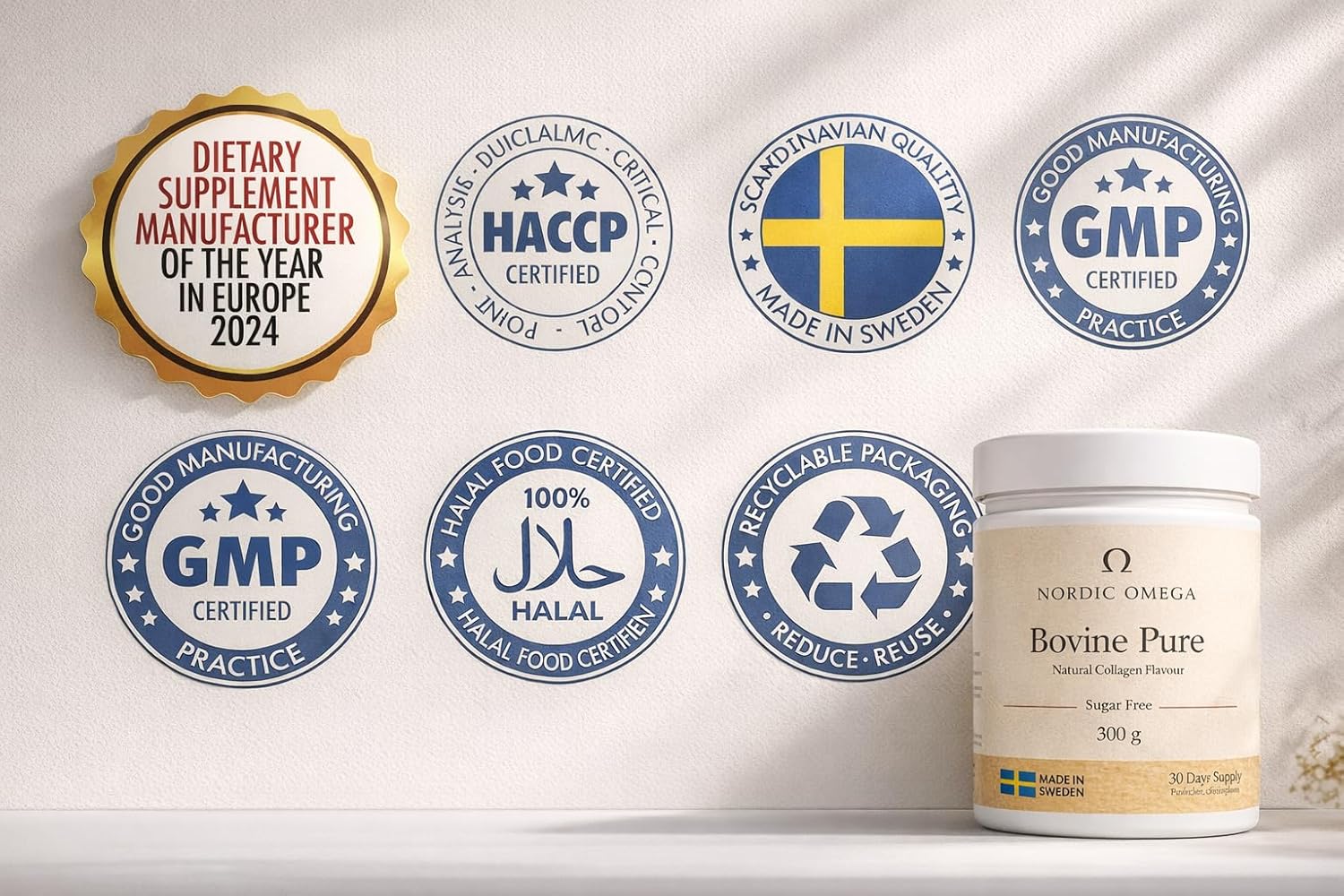 Nordic Omega Bovine Pure Collagen Powder Unflavoured 300g seal & certifications