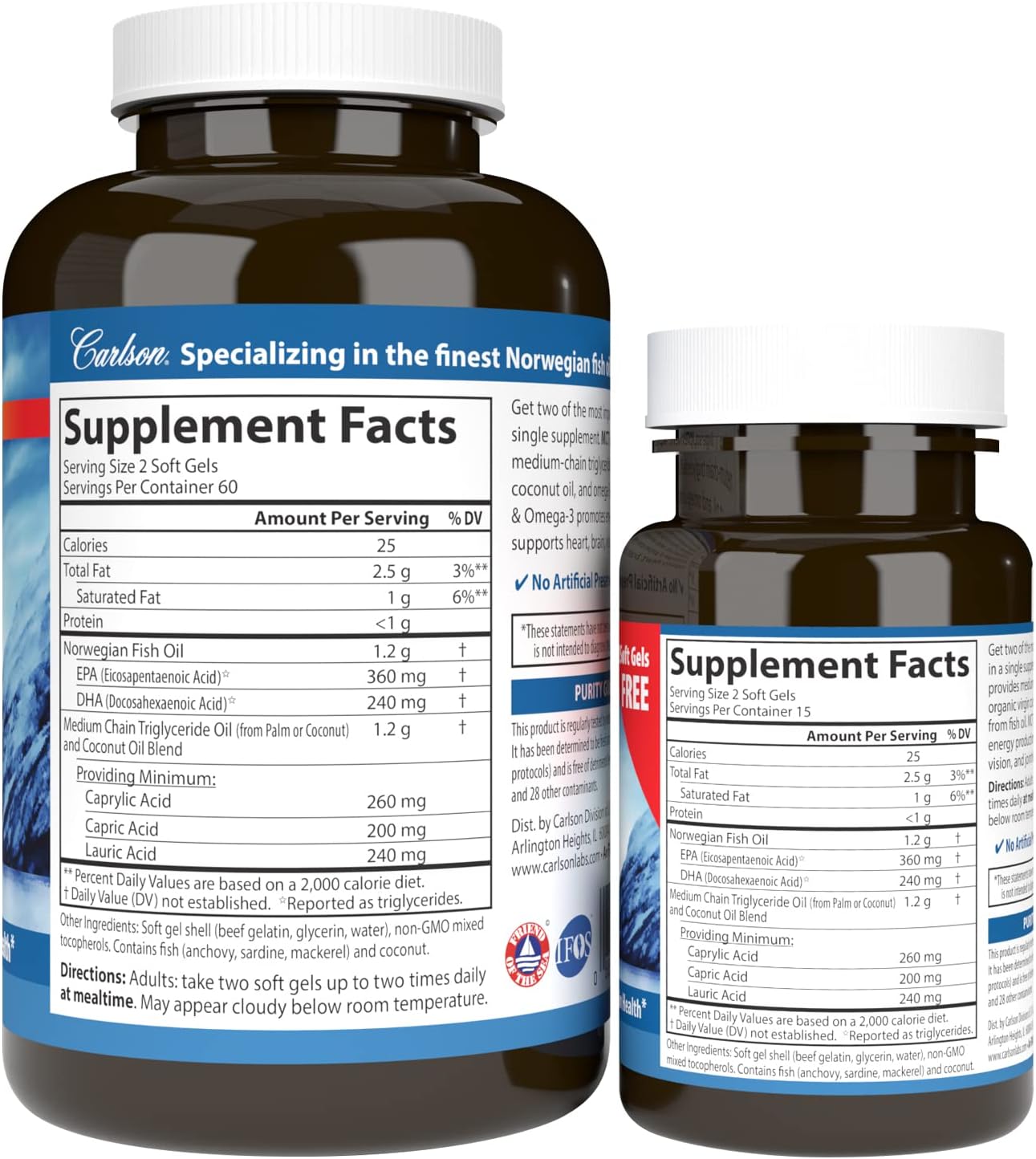 Supplement facts & ingredients image: Carlson MCT Omega 3 coconut oil fish oil supplement facts softgels 150 count