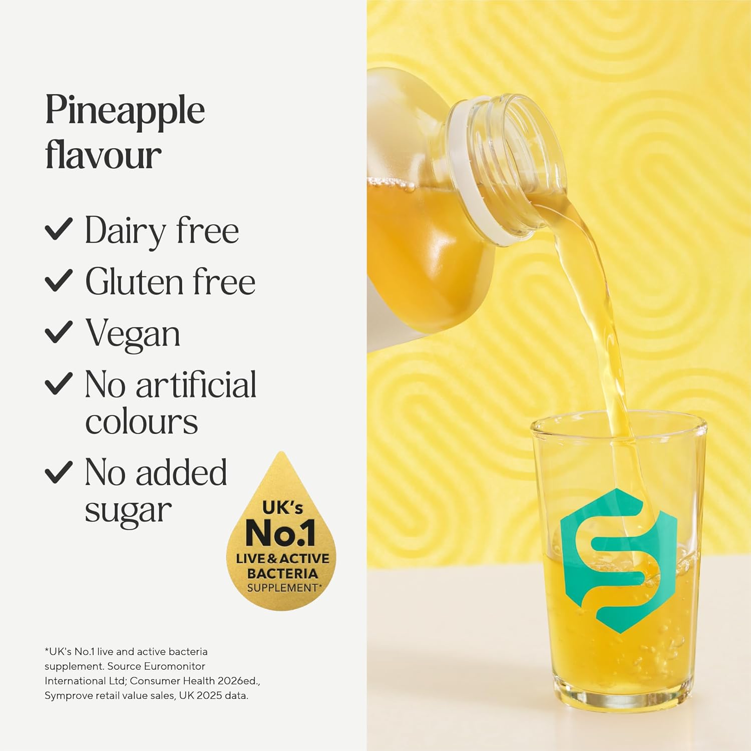 Symprove Liquid Probiotic Pineapple Flavour 500ml pouring probiotic drink dairy free gluten free vegan