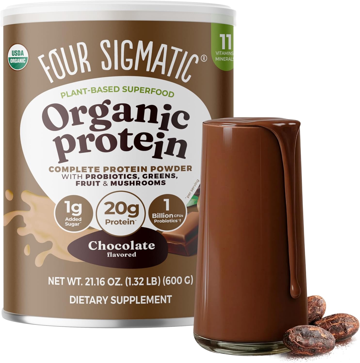 Four Sigmatic Organic Plant-Based Chocolate Protein Powder 600g Tub.