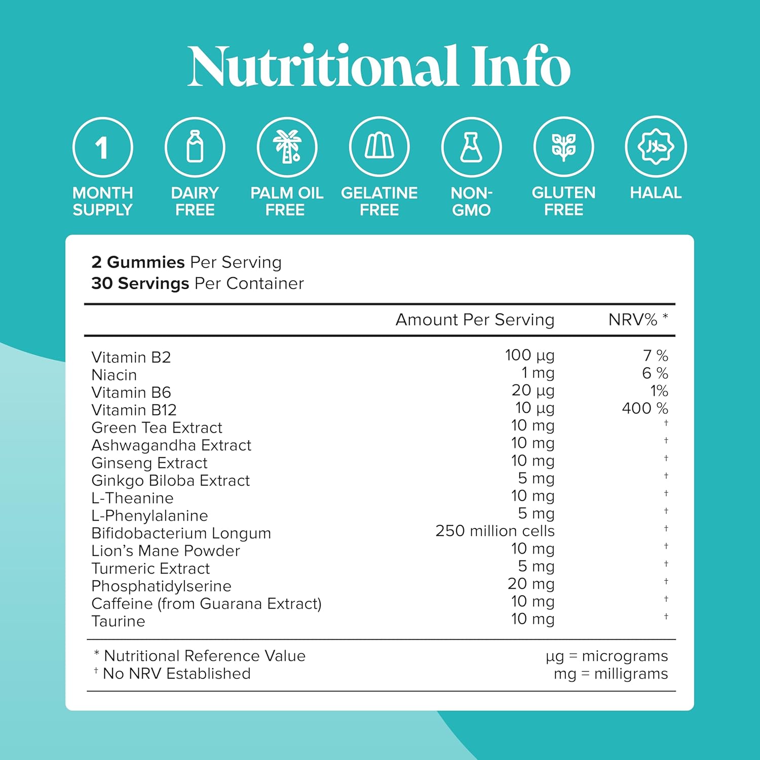 Novomins Focus Gummies Strawberry 60 Count nutritional info vitamins minerals panel