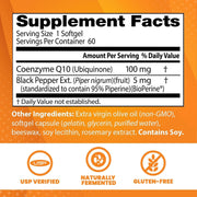 Doctor's Best High Absorption CoQ10 with BioPerine, bottle packaging, unflavoured, 100mg, 60 or 120 softgels, supplement facts and ingredients