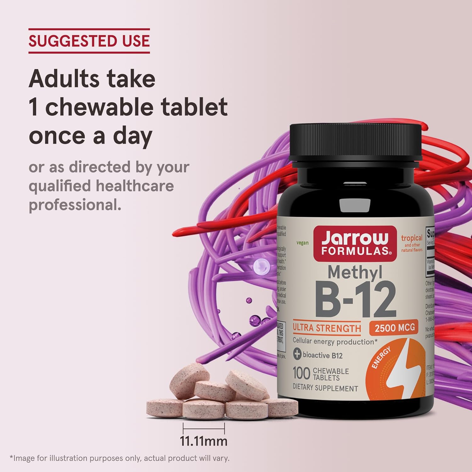 Jarrow Formulas Methyl B-12 2500mcg chewable tablets tropical usage instructions 100 count