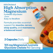 Doctor's Best High Absorption Magnesium Lysinate Glycinate, bottle packaging, no flavour, 105mg, 120 veggie capsules, daily serving instructions