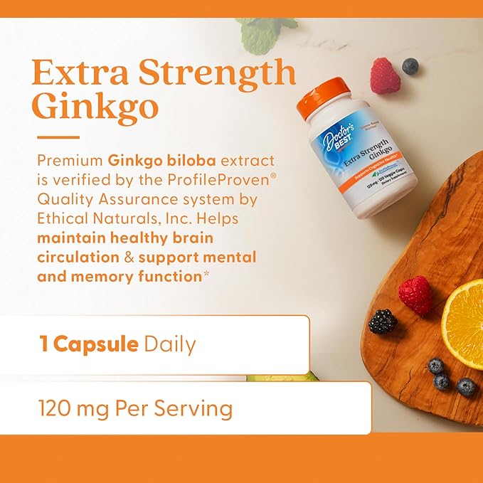 Doctor's Best Extra Strength Ginkgo Biloba 120mg bottle, 120 vegan capsules dosage.