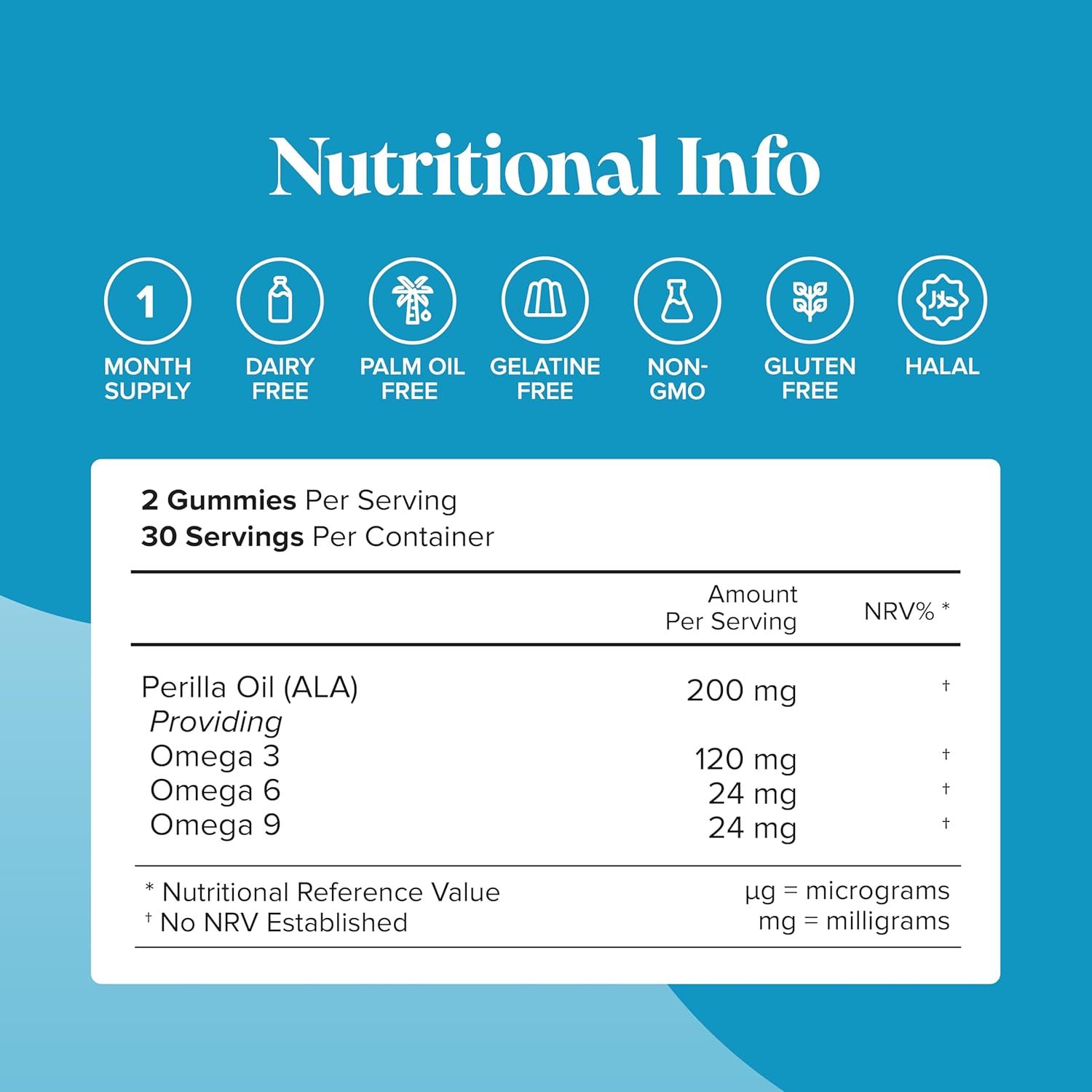 Novomins Vegan Omega 3 6 9 Gummies Orange 60 Count nutritional info vitamins panel