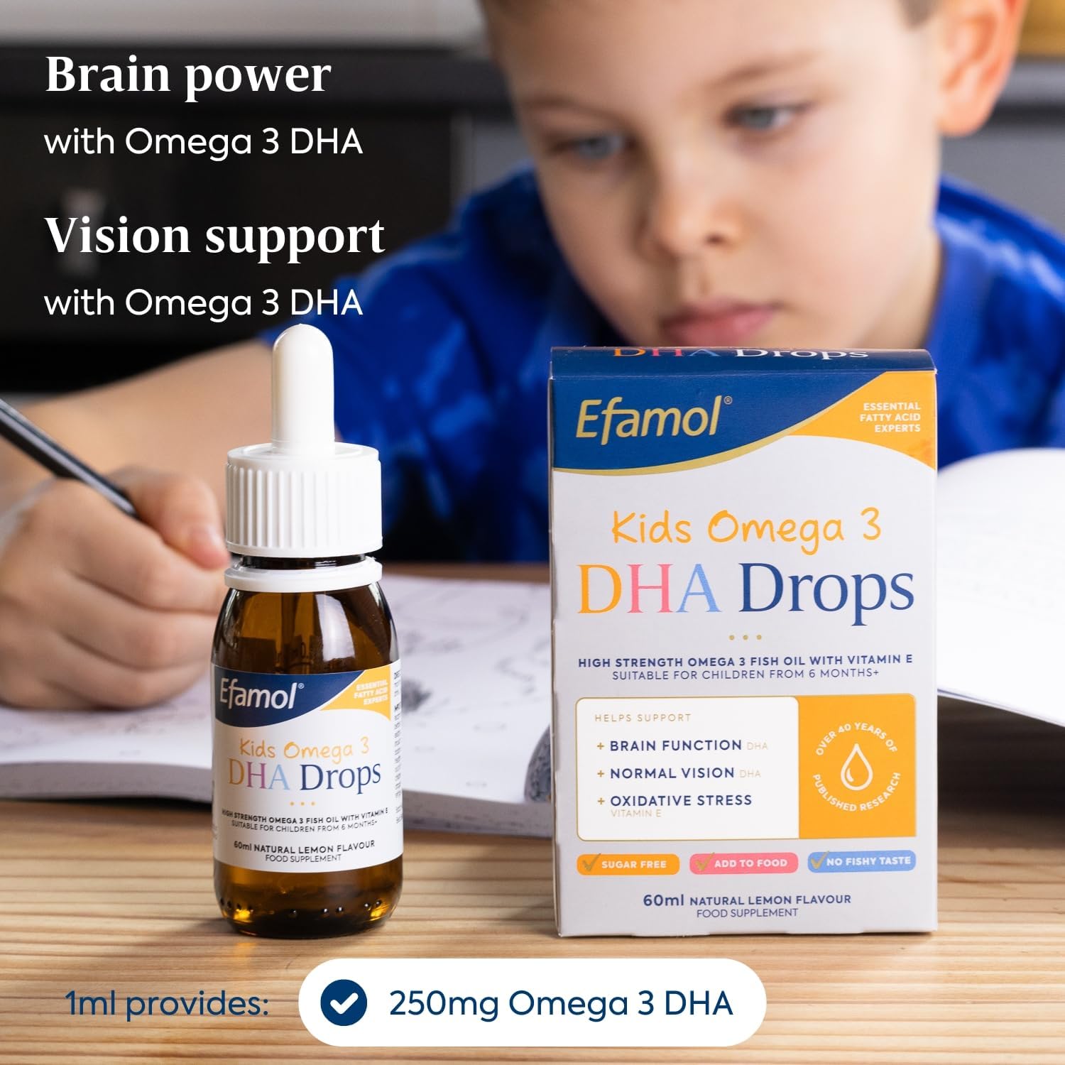 Efamol Kids Omega 3 DHA Drops natural lemon flavour 60ml added to food or drink for children