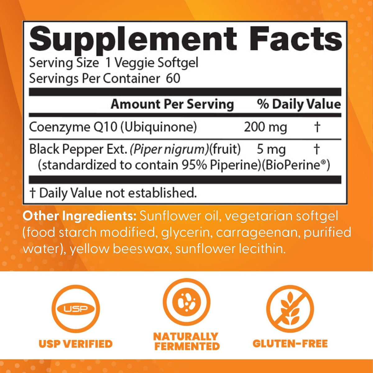 Doctor's Best High Absorption CoQ10 with BioPerine, bottle packaging, no flavour, 200mg, 60 veggie softgels, supplement facts and ingredients