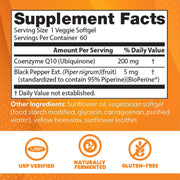Doctor's Best High Absorption CoQ10 with BioPerine, bottle packaging, no flavour, 200mg, 60 veggie softgels, supplement facts and ingredients