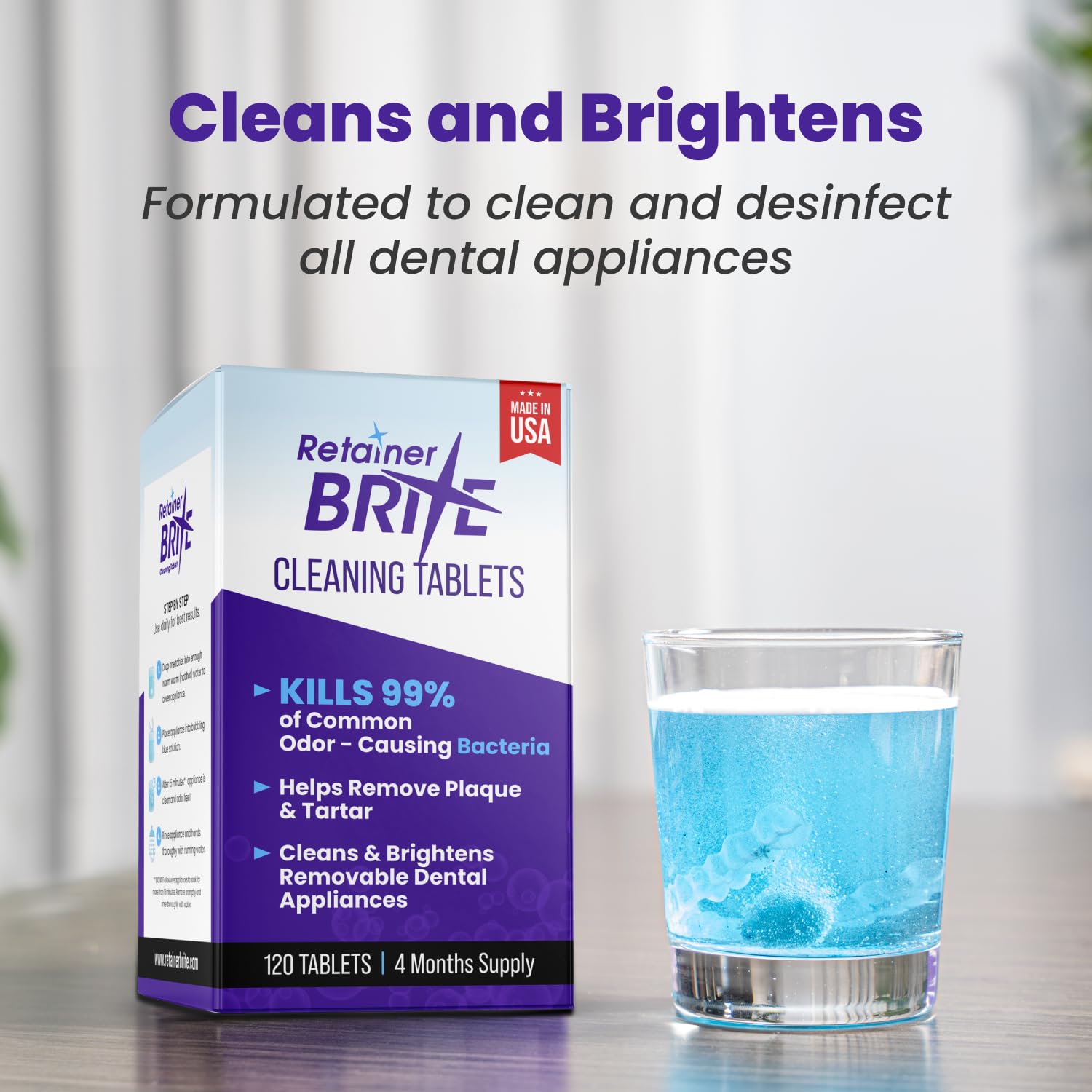 Retainer Brite Cleaning Tablets, cardboard box and tablet packaging, no flavour specified, 96 tablets, safety information
