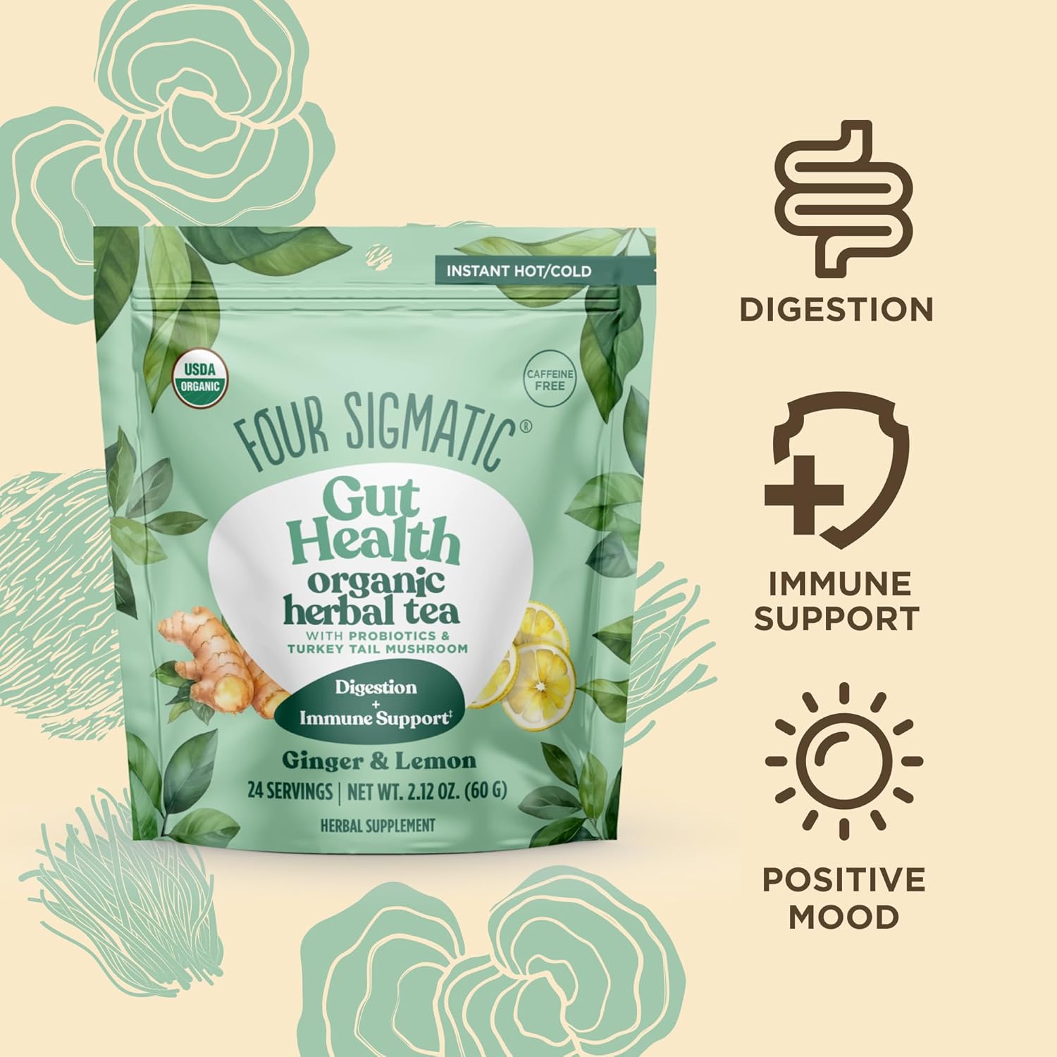 Four Sigmatic Organic Herbal Tea, Ginger & Lemon - 60g