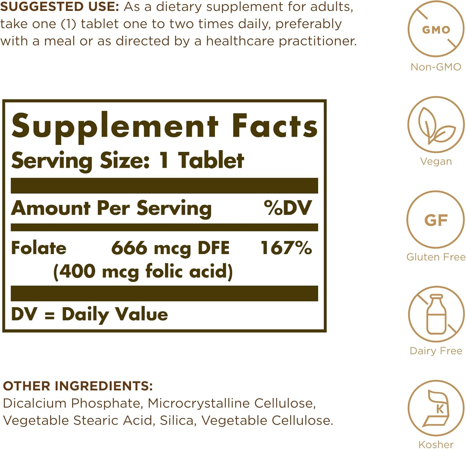 Supplement facts & ingredients image: Solgar Folate 666mcg DFE folic acid supplement facts ingredients bottle 250 count