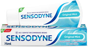 White and blue tube & box of Sensodyne Daily Care Original Mint Toothpaste for sensitive teeth, 75ml.