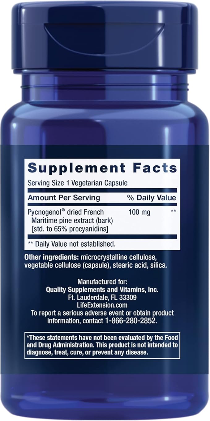 Life Extension Pine Bark Extract supplement facts and ingredients list.