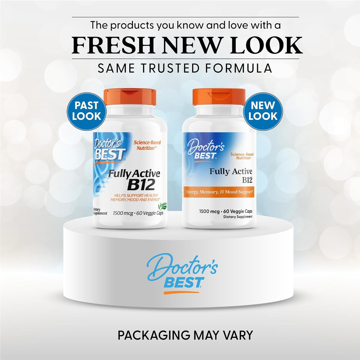 Doctor's Best Fully Active Vitamin B12, bottle packaging, unflavoured, 1500mcg, 60 or 180 veggie capsules, new packaging