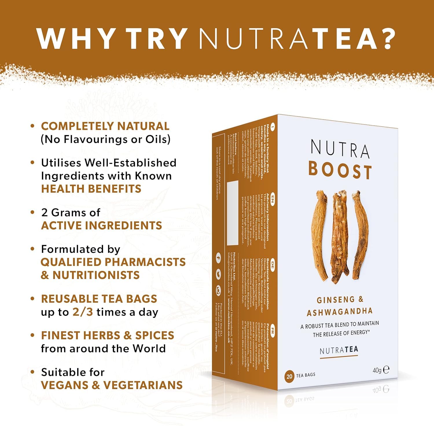 NutraTea NutraBoost Ginseng & Ashwagandha Herbal Tea 20 Tea Bags