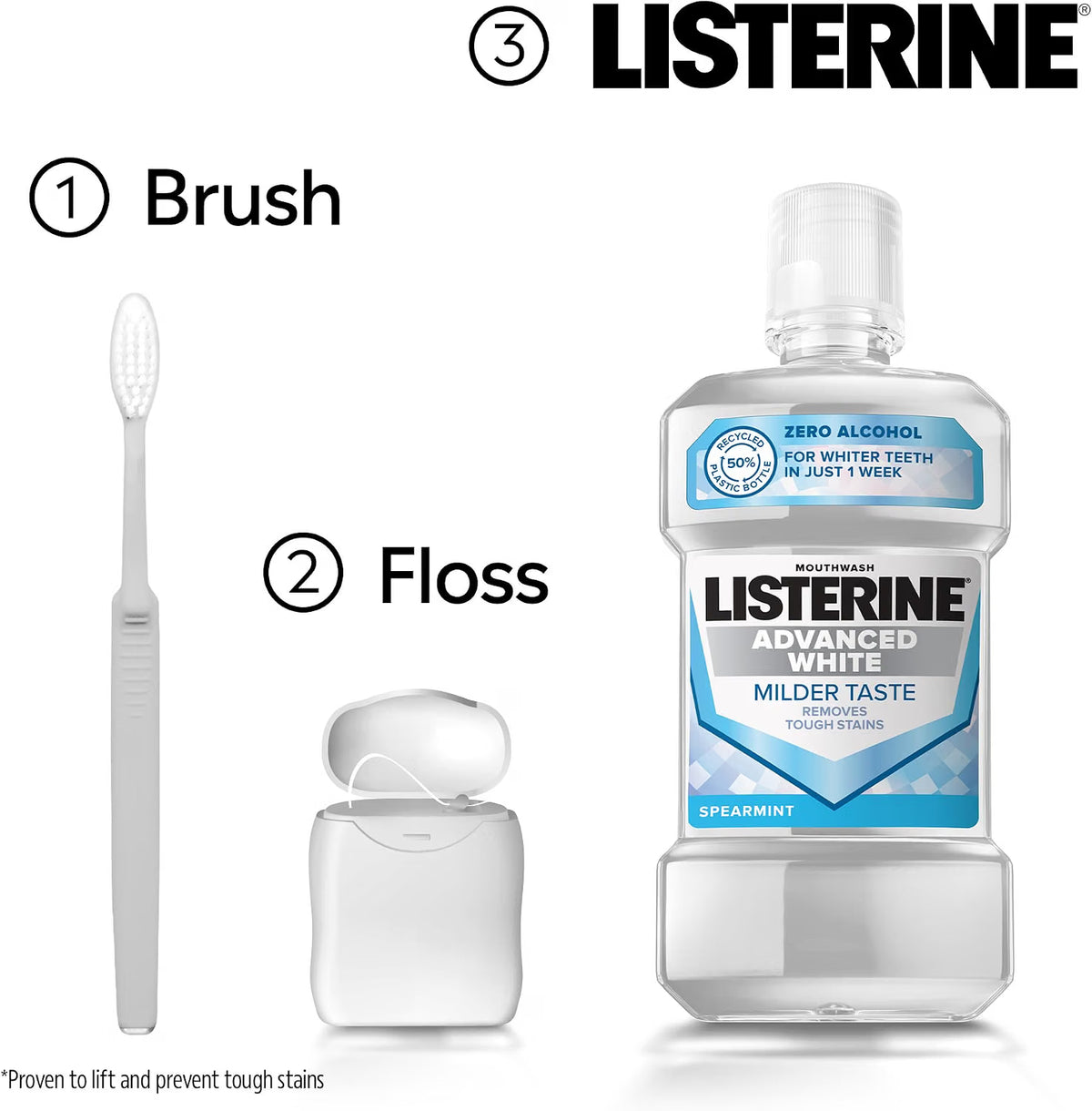 Listerine Advanced White Milder Taste Mouthwash zero alcohol oral rinse bottle 500ml how to use
