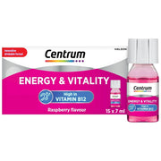 Centrum Energy & Vitality Vitamin B12 Liquid Shot, carton packaging with individual bottles, raspberry flavour, 15 x 7ml