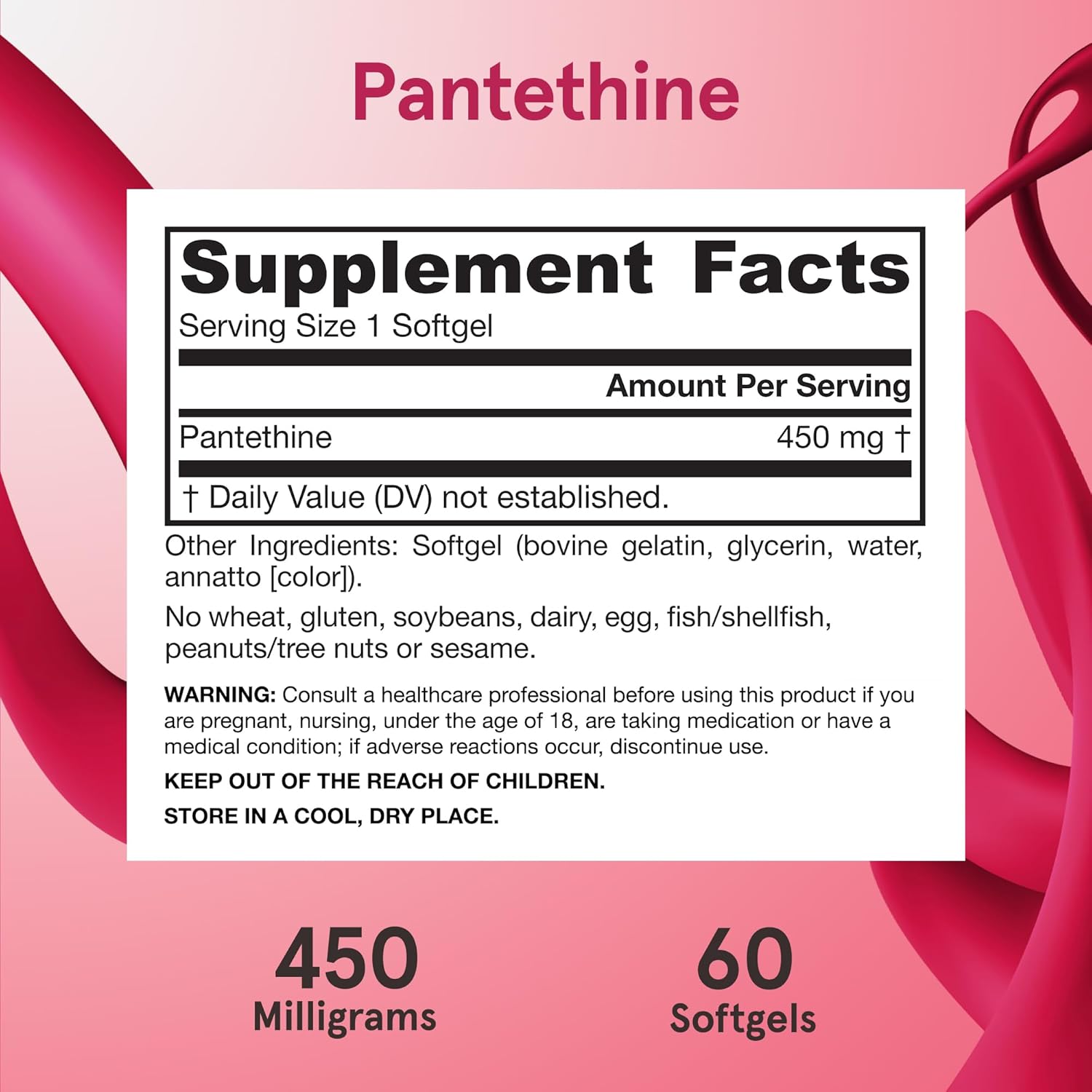 Supplement Facts Image: Jarrow Formulas Pantethine 450mg softgels supplement facts and ingredients 60 count