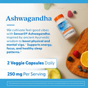 Doctor's Best Ashwagandha with Sensoril, bottle packaging, unflavoured, 250mg, 60 veggie capsules, daily use instructions