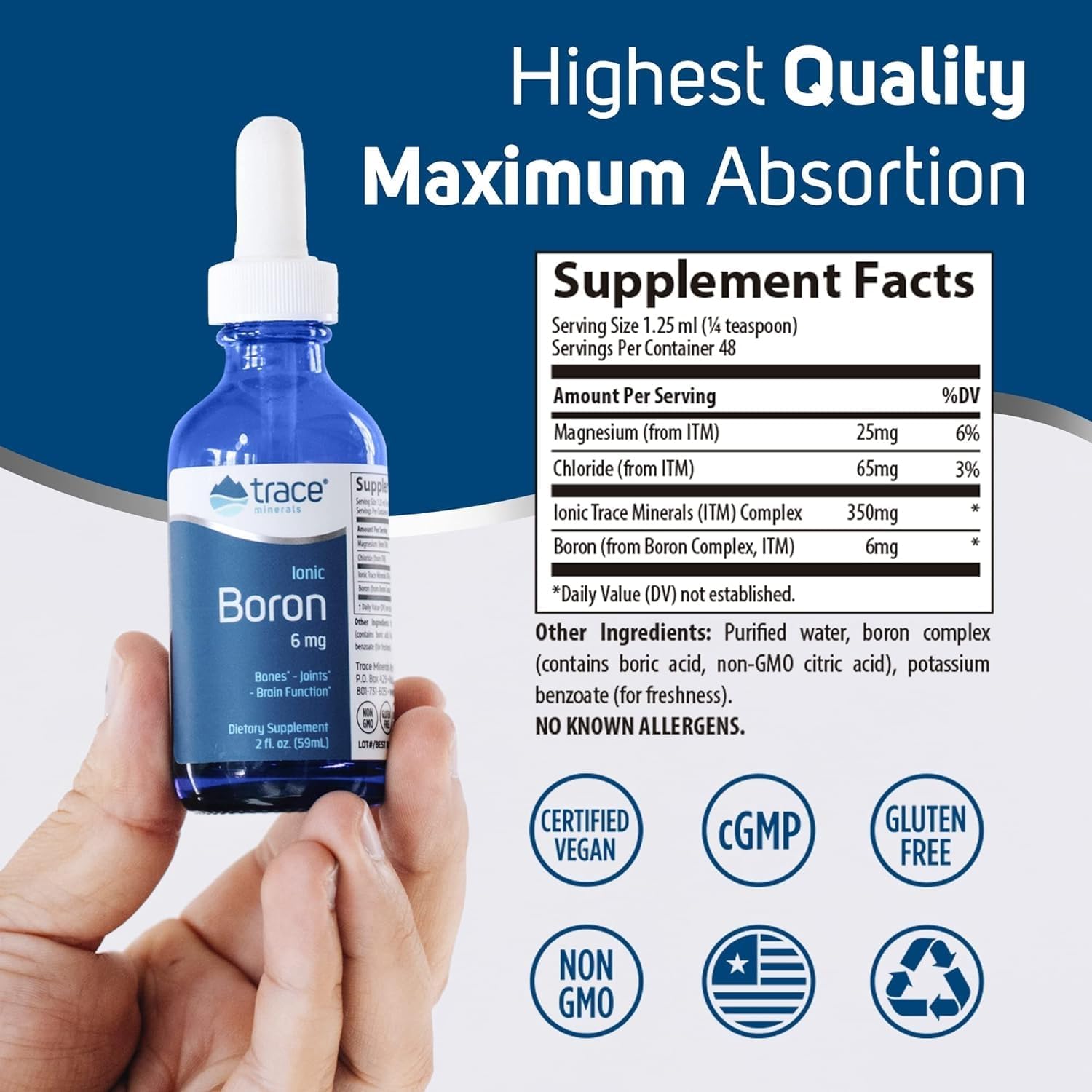 Supplement Facts Image: Trace Minerals Ionic Boron 6mg supplement facts ingredients liquid bottle 59ml