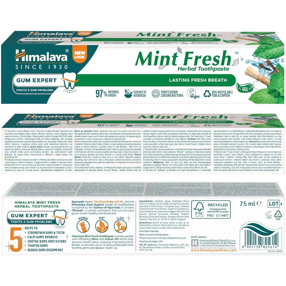 Himalaya Gum Expert Mint Fresh Herbal Gel Toothpaste 75ml packaging showing ingredients and product information & barcode