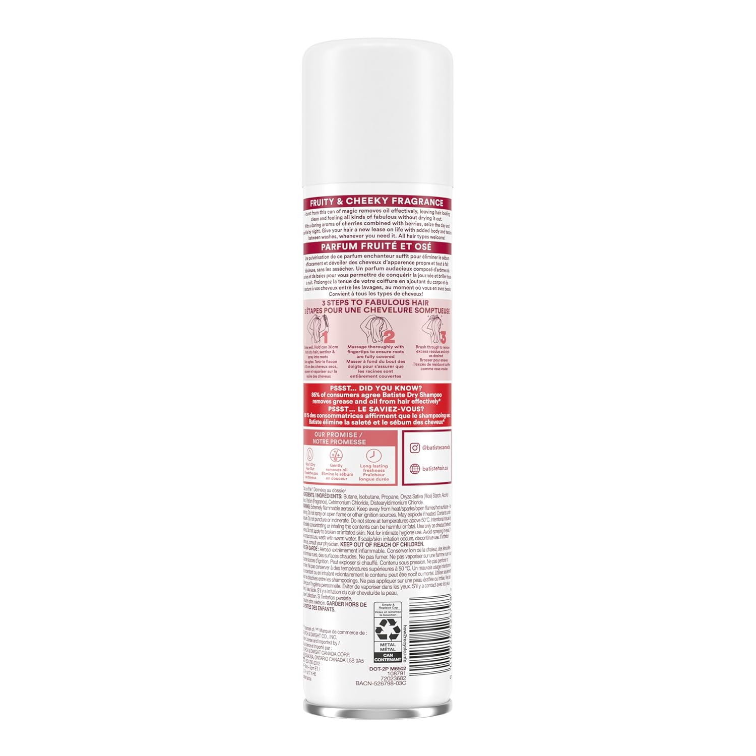 Back label of Batiste Cherry Dry Shampoo showing ingredients and safety warnings.