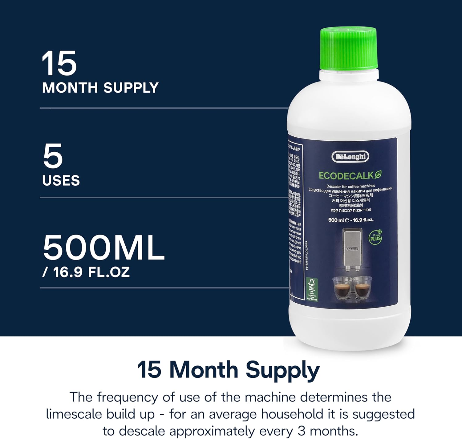 De'Longhi EcoDecalk Coffee Machine Descaler, bottle and carton packaging, unscented formula, 500ml, ingredients and safety information