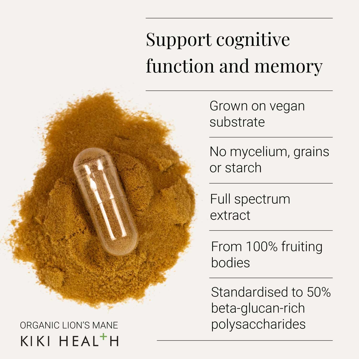 Supplement facts & ingredients image: KIKI Health organic lion’s mane mushroom extract ingredient panel bottle 60 count
