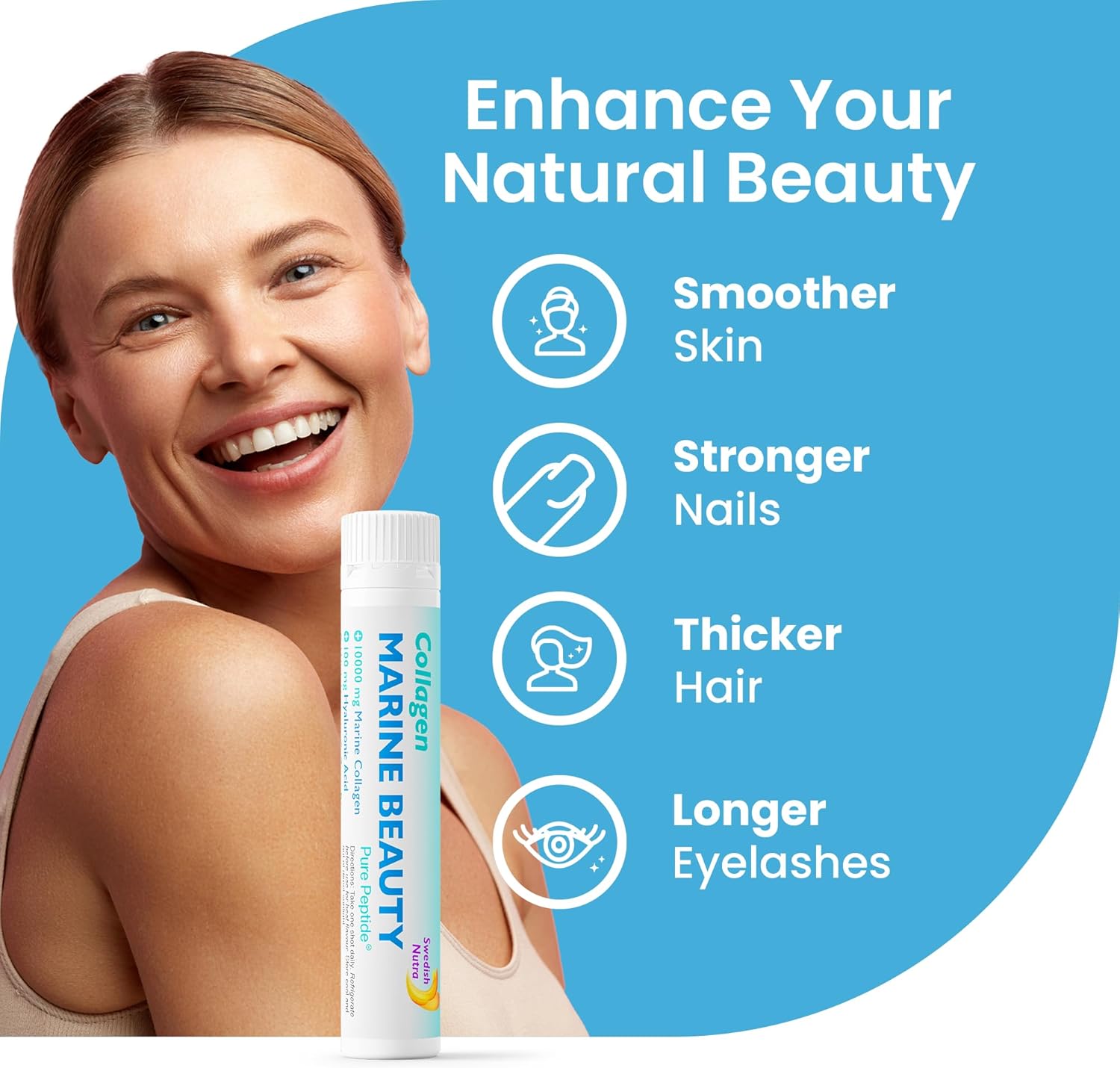 Supplement facts & ingredients image: Swedish Nutra collagen beauty shots supplement facts ingredients 20 x 25ml