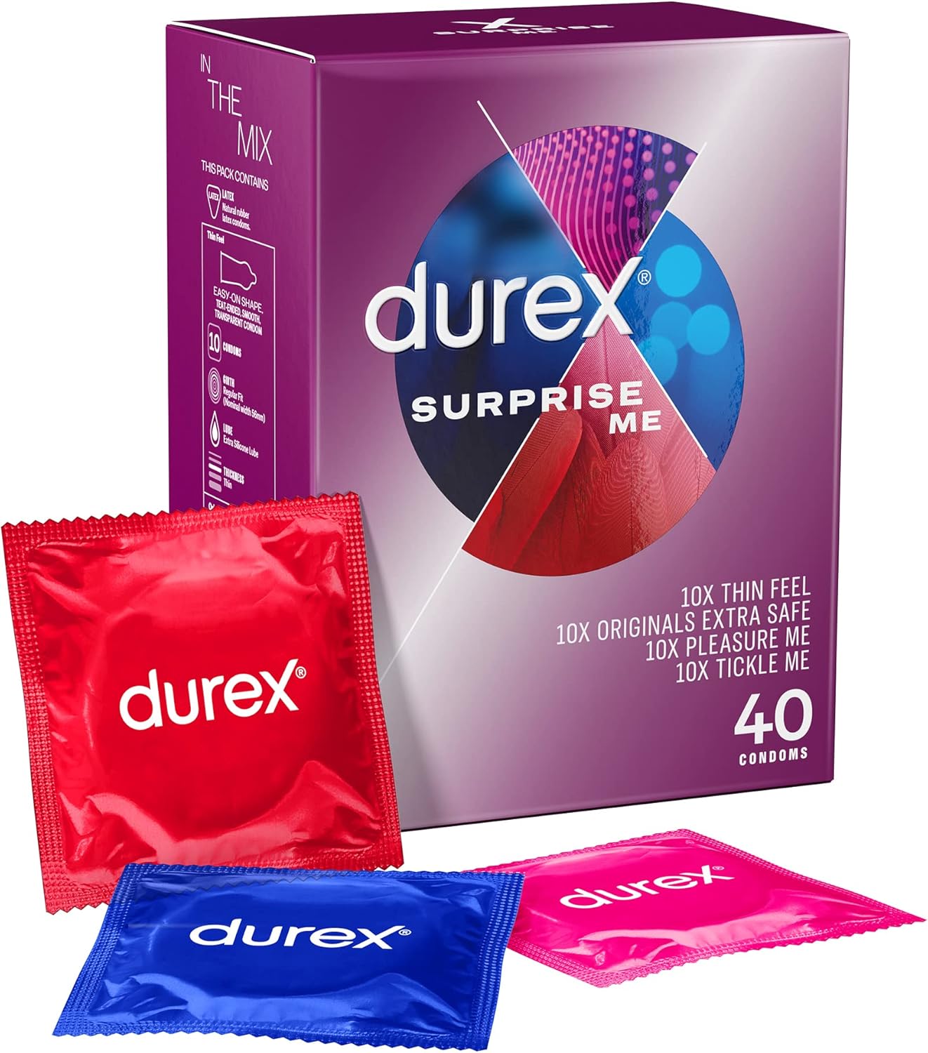 Durex Surprise Me Variety Pack Condoms 40 Count Box with Assorted Condom Wrappers Front View