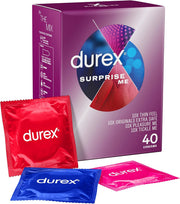Durex Surprise Me Variety Pack Condoms 40 Count Box with Assorted Condom Wrappers Front View