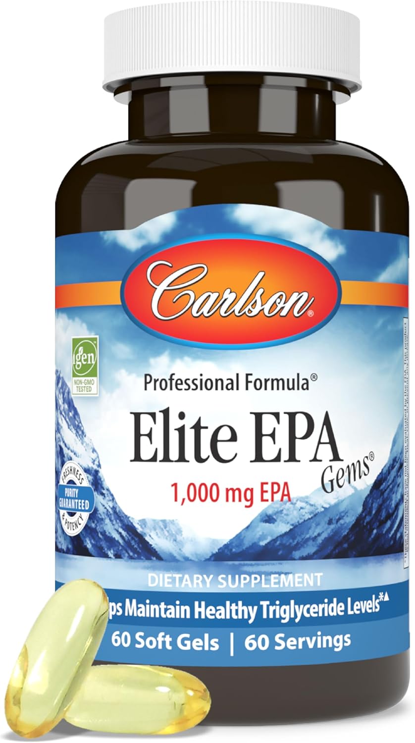 Front image: Carlson Elite EPA Gems fish oil softgels 1000 mg EPA 60 count bottle