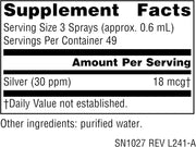 Supplement facts & ingredients image: Source Naturals colloidal silver throat spray liquid ingredient panel bottle 29.57ml