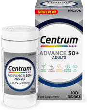 Centrum Advance 50+ Adults Multivitamin bottle & box, 100 tablets.