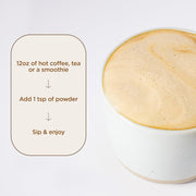 How to Use: Laird Superfood mushroom blend mixing instructions 90g on white background