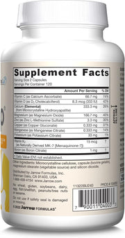 Supplement Facts Image: Jarrow Formulas BoneUp calcium 1000mg D3 K2 capsules supplement facts, ingredients and barcode 240 count